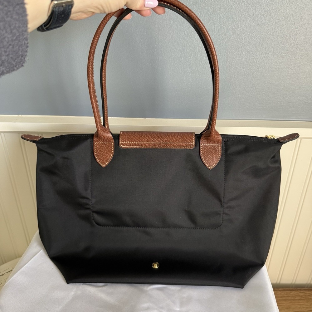 LONGCHAMP Le Pliage Black Nylon Leather Shoulder Bag Tote Zip Purse EUC - Picture 2 of 12